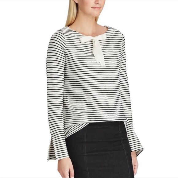 Chaps Tops - Chaps // Striped Bell-sleeve Tie-neck Sweatshirt